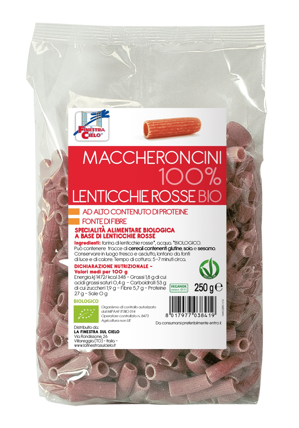 Paste bio Maccheroncini din linte rosie 100% - 250g (produs vegan)