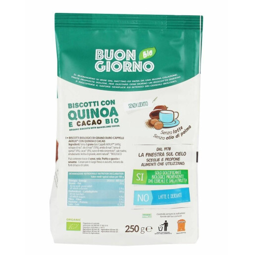 Biscuiti BIO BuongiornoBio cu quinoa si cacao (fara drojdie, fara lapte, fara ulei de palmier) 250 g