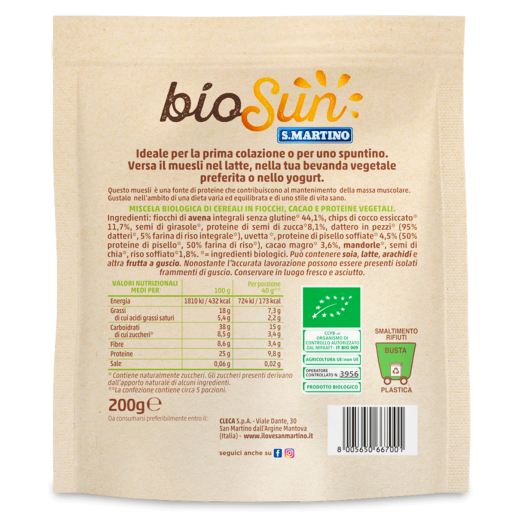 Musli bio proteic cu cacao fără gluten, fără zahăr 200g bioSUN