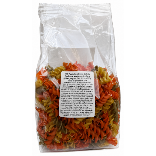 Paste bio Fusilli mix de linte (galbena, verde, rosie), fara gluten, vegan, Fior di Loto 225g