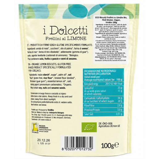 Biscuiți Frollini cu Lămâie Bio, Fără Gluten, Vegan, Vivibio 100g
