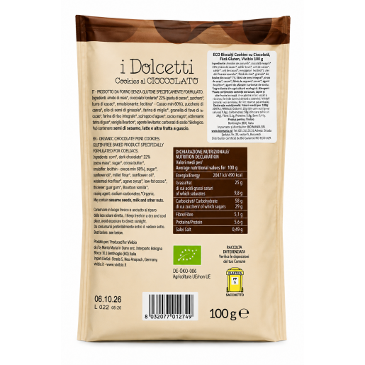 Biscuiți Cookies cu Ciocolată Bio, Fără Gluten, Vegan, Vivibio 100 g