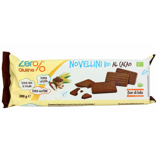 Biscuiti Novellini bio cu cacao, fara gluten, fara drojdie, fara ulei de palmier, Fior di Loto 200g
