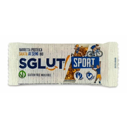 Baton bio proteic crunchy sarat cu seminte (fara gluten, fara lapte) SGLUT 20g.
