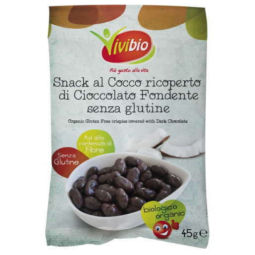 Snack cocos bio tras in ciocolata amaruie, fara gluten, vegan, Vivibio, 45g